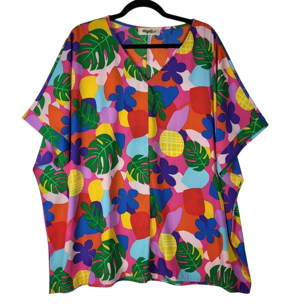 Haptics Tropical Top Women's 2X Multicolor Boho Artsy Lightweight Short Sleeve